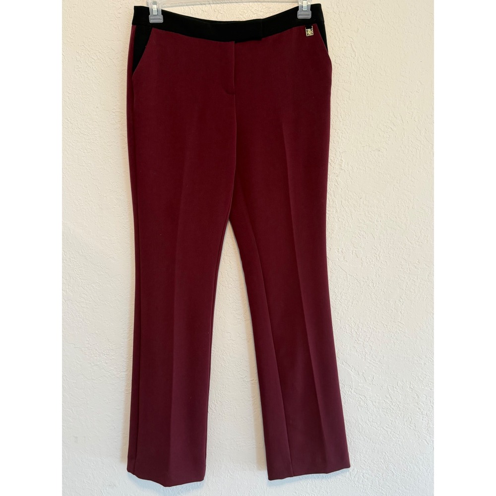 Anne Klein Burgundy Black Contrast Waist Dress Pants Straight Leg Size 4